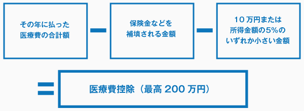 その年に払った医療費の合計額　保険金などを補填される金額　10万円または所得金額の5%のいずれか小さい額　医療費控除（最高200万円）